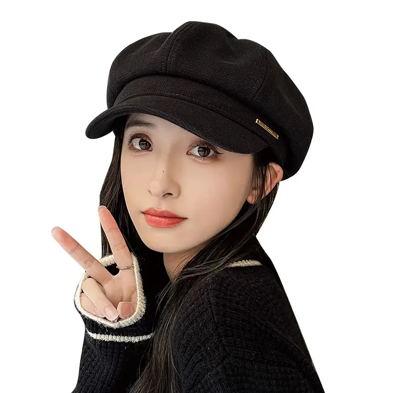 Women's Autumn Winter Octagonal Woolen Hat with Metal Logo - Image 14