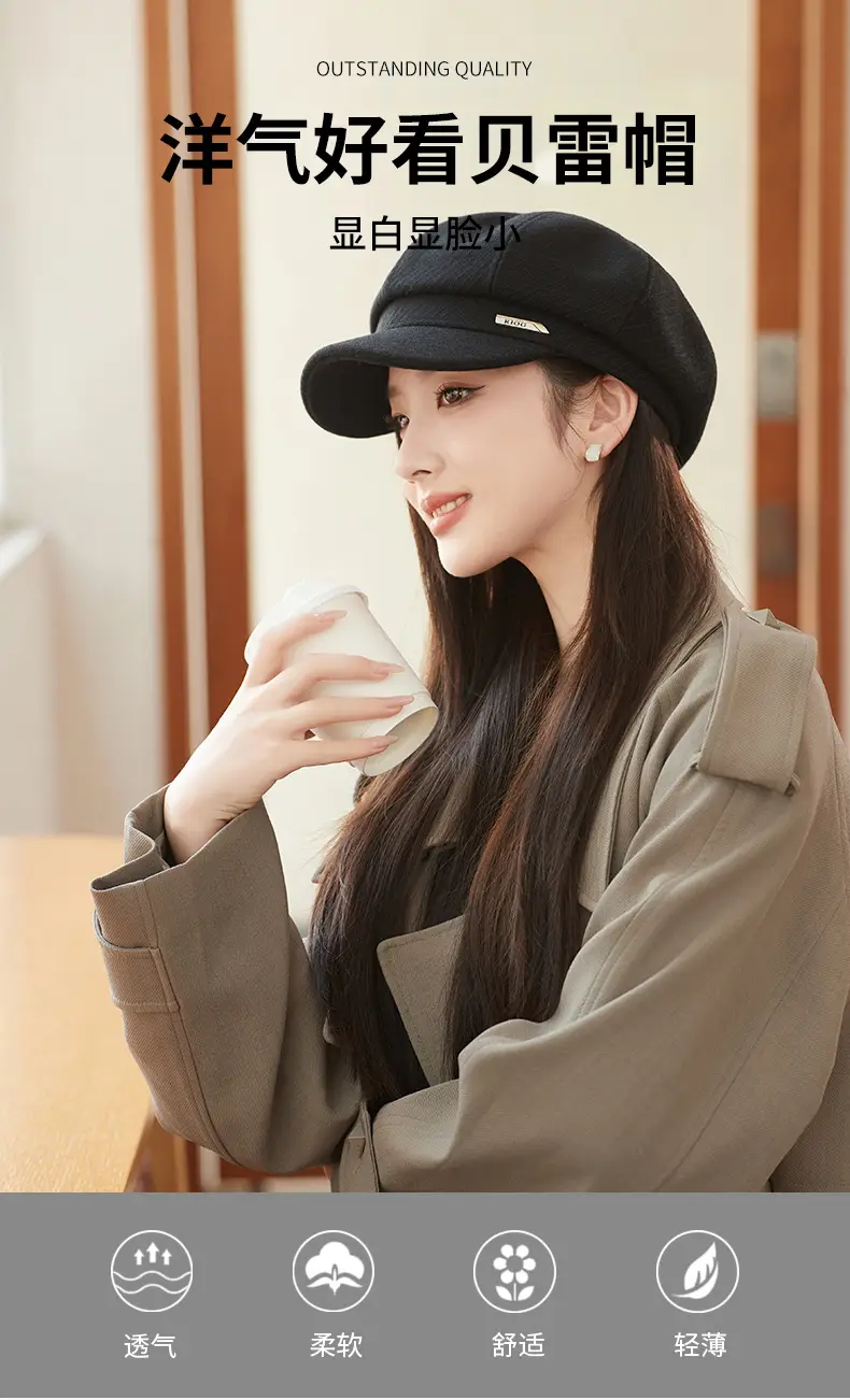 Women's Autumn Winter Octagonal Woolen Hat with Metal Logo — feature 1