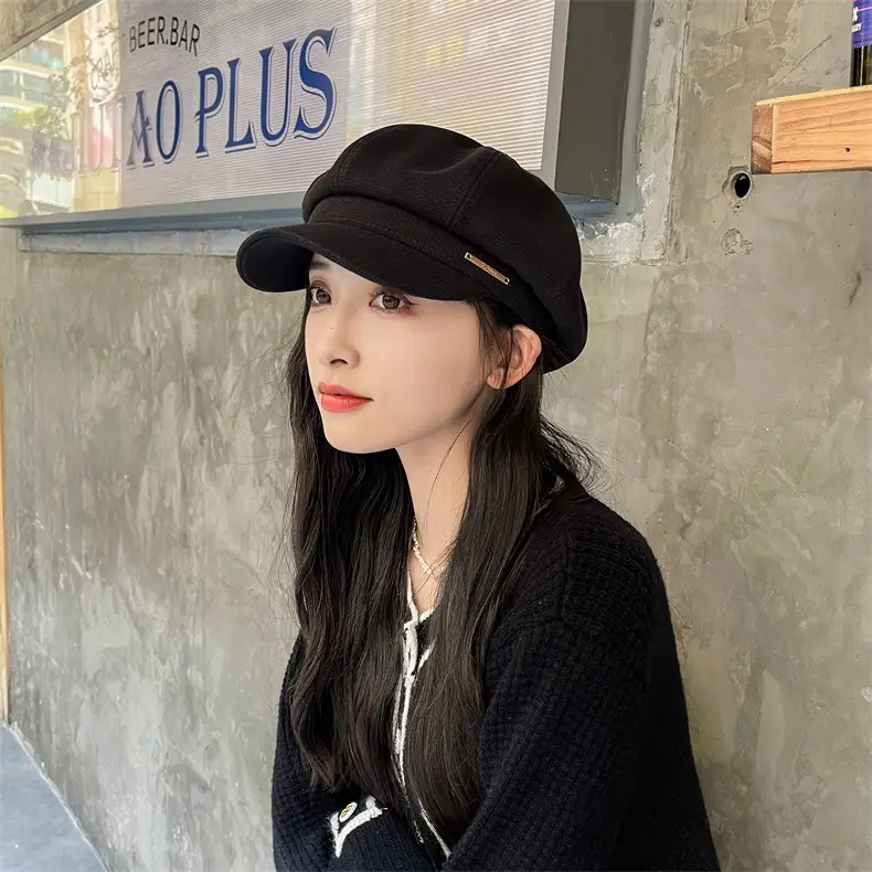 Women's Autumn Winter Octagonal Woolen Hat with Metal Logo — feature 20