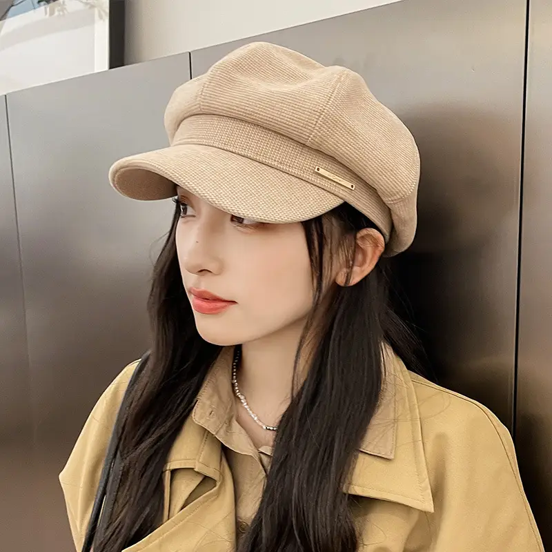 Women's Autumn Winter Octagonal Woolen Hat with Metal Logo - Image 4