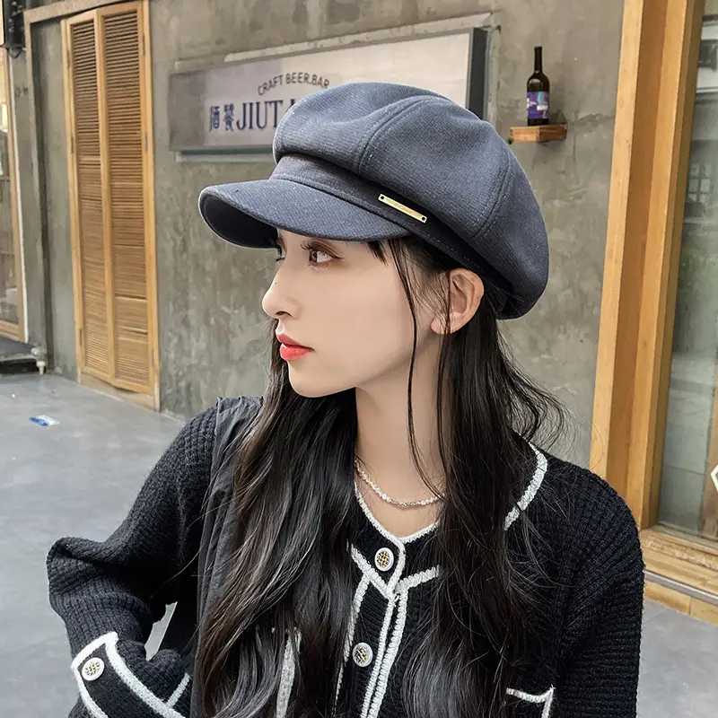Women's Autumn Winter Octagonal Woolen Hat with Metal Logo - Image 5