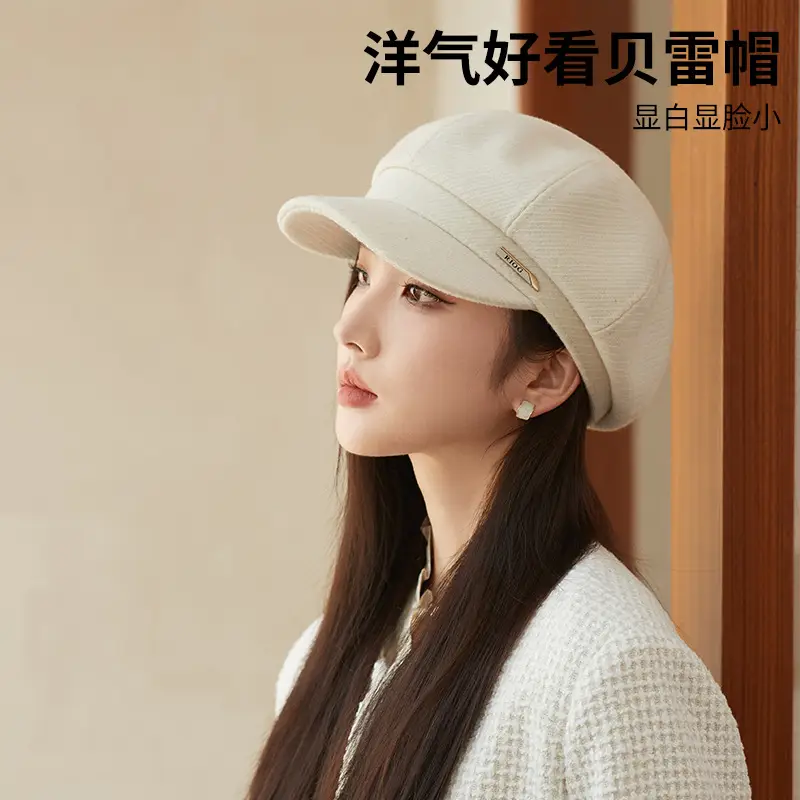 Women's Autumn Winter Octagonal Woolen Hat with Metal Logo - Image 6