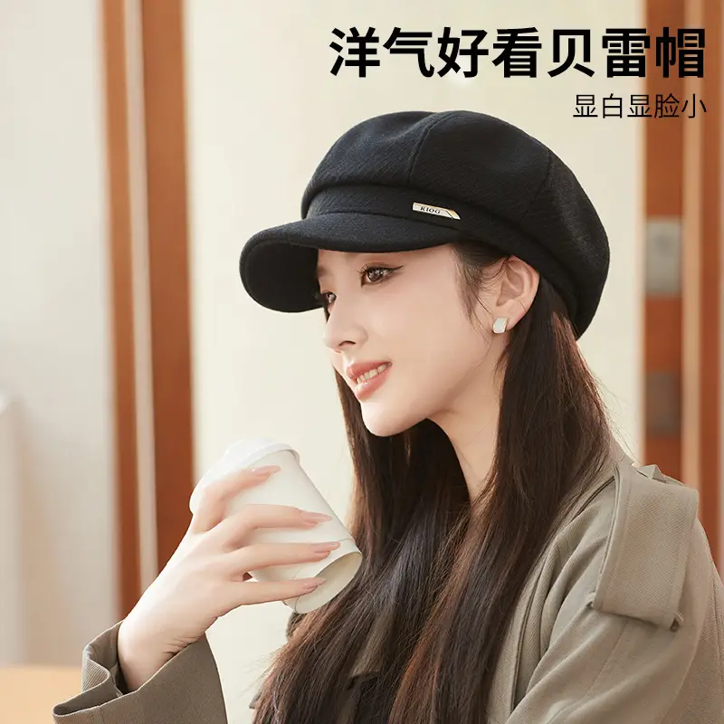 Women's Autumn Winter Octagonal Woolen Hat with Metal Logo - Image 7