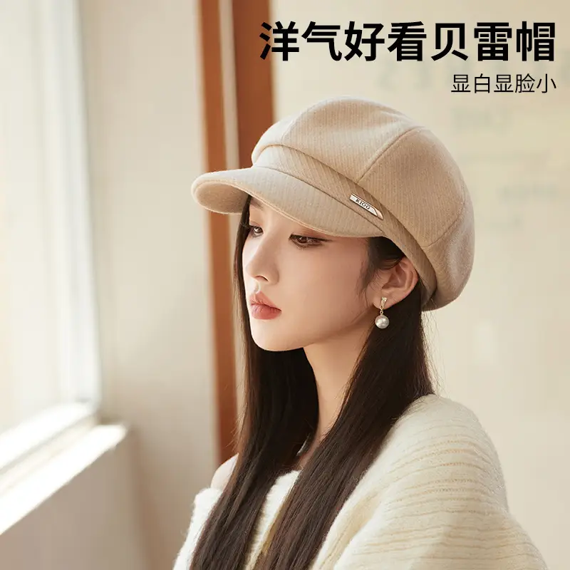 Women's Autumn Winter Octagonal Woolen Hat with Metal Logo - Image 8