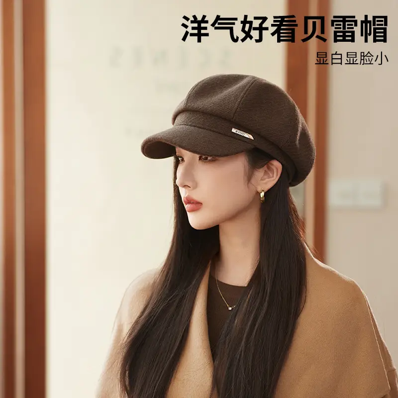 Women's Autumn Winter Octagonal Woolen Hat with Metal Logo - Image 9