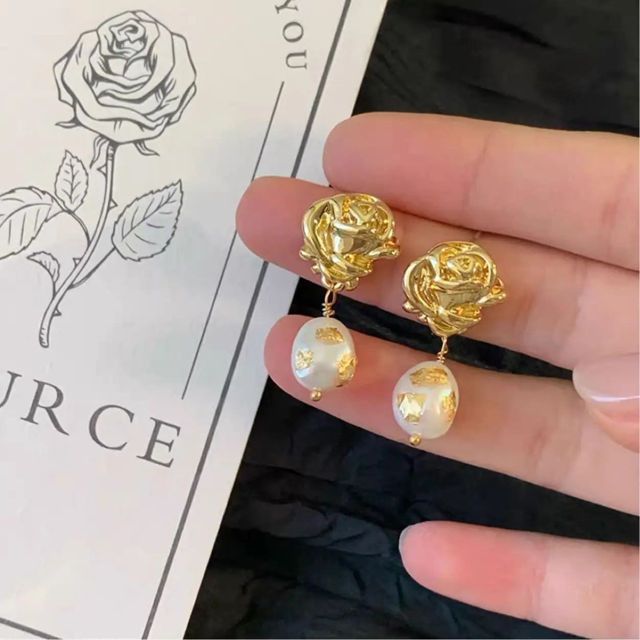 925 Silver Pearl Earrings Gold Foil Flower Design - Image 4