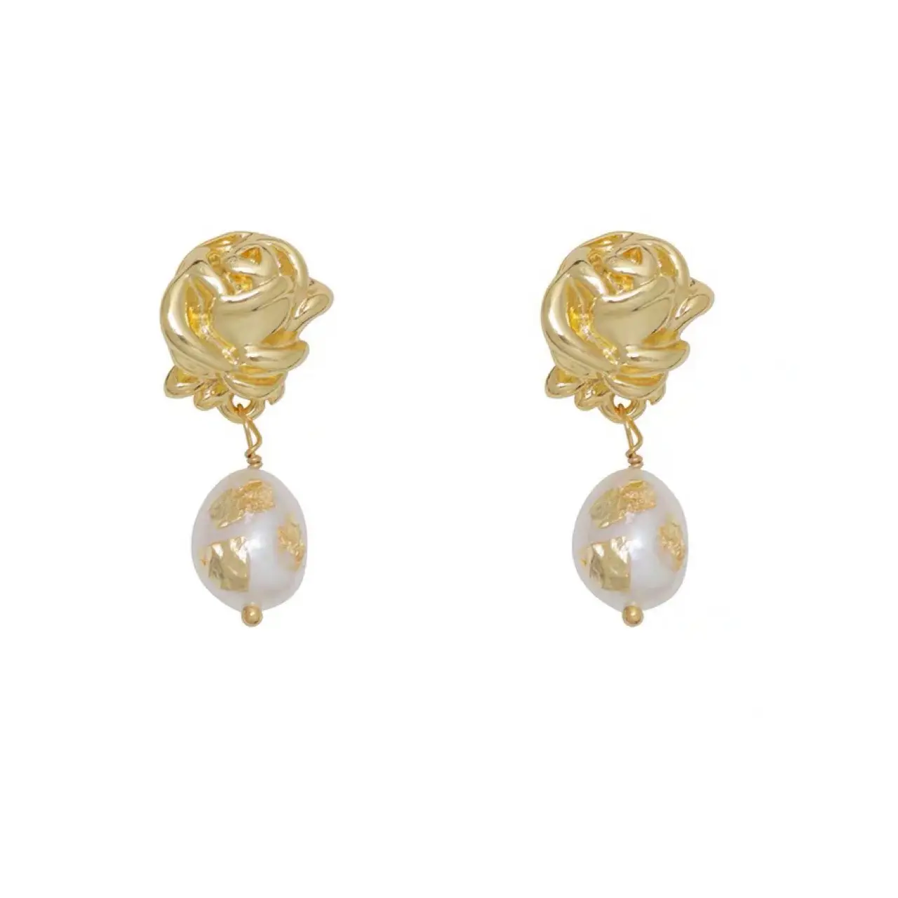 925 Silver Pearl Earrings Gold Foil Flower Design - Image 5