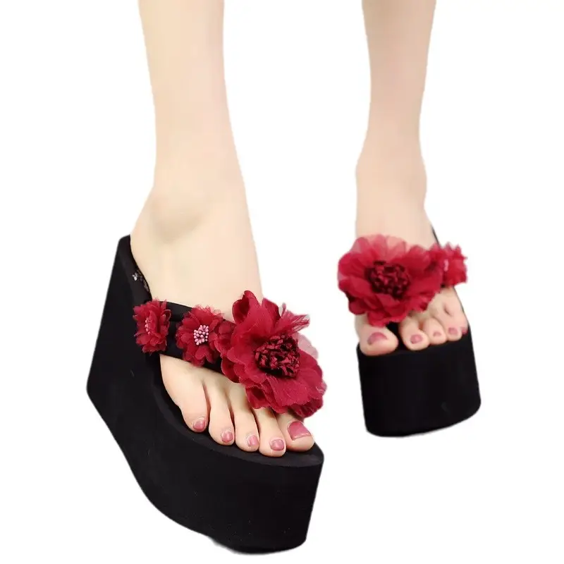 Blue Flower Thick Heel Slippers for Women