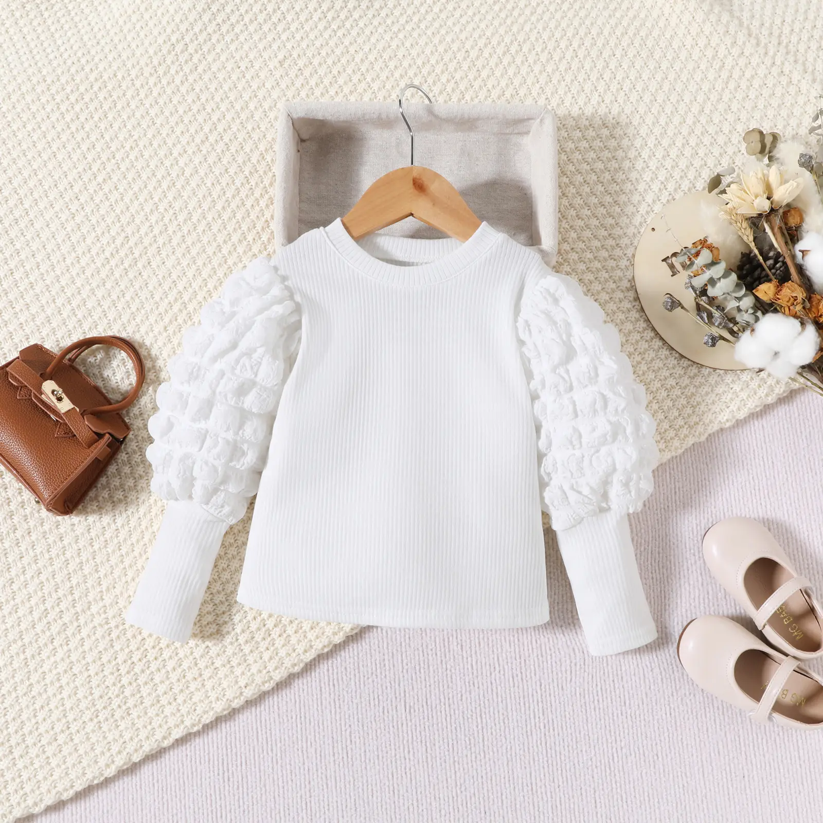 White Ruffled Sleeve Girls Top Set for Girls — feature 3