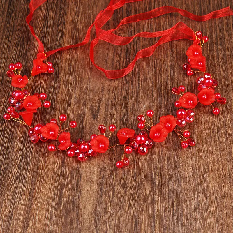 Red Korean Style Crystal Headdress Bridal Hairband - Image 4