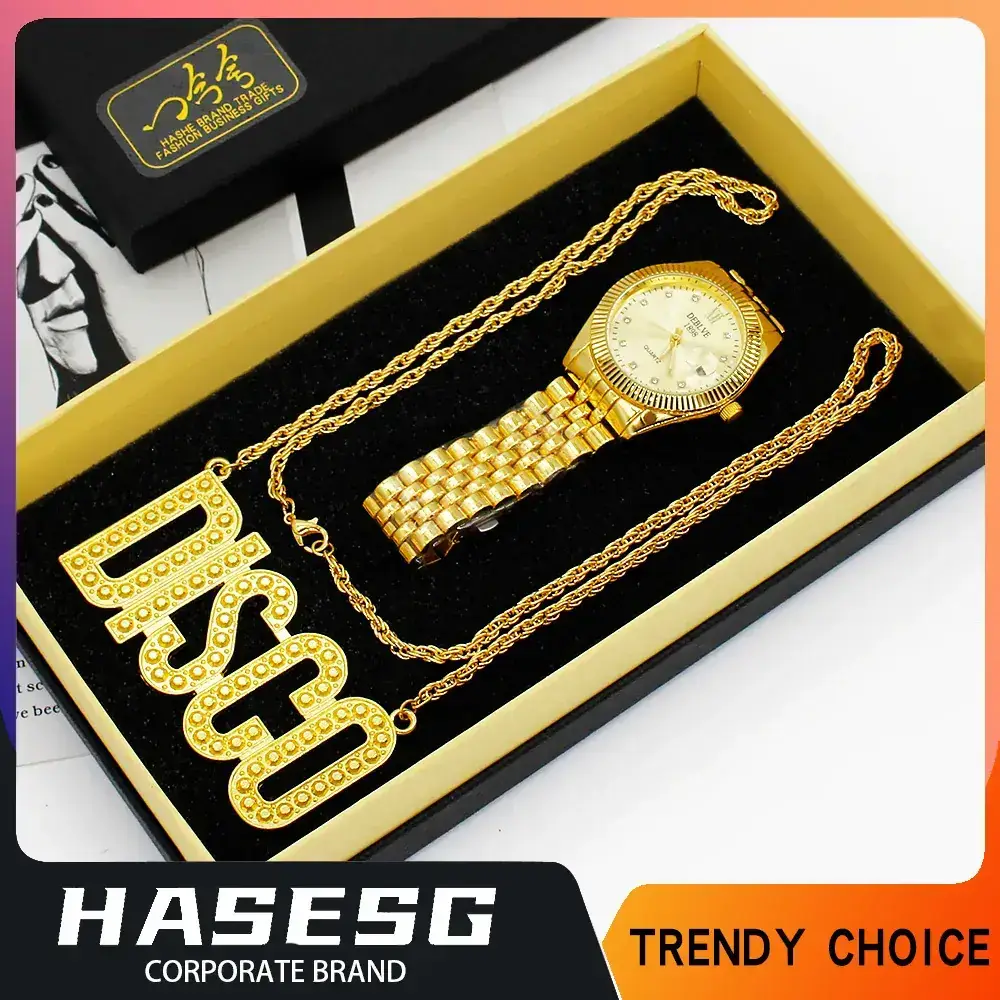 Golden Gold Plated Men's Watch with Necklace Set