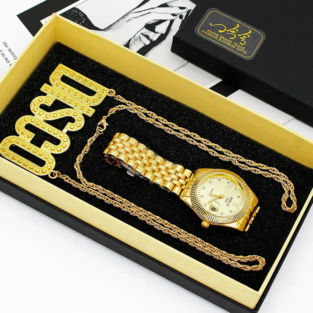 Golden Gold Plated Men's Watch with Necklace Set