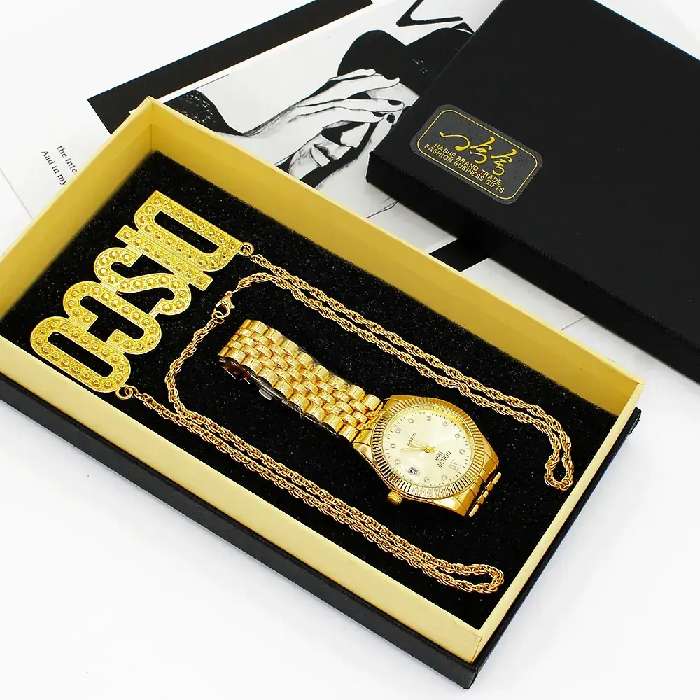 Golden Gold Plated Men's Watch with Necklace Set