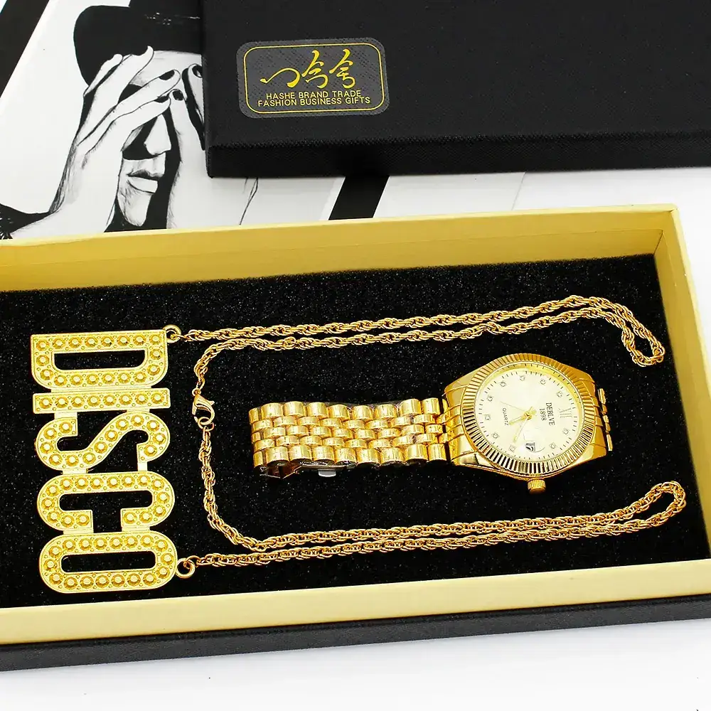 Golden Gold Plated Men's Watch with Necklace Set