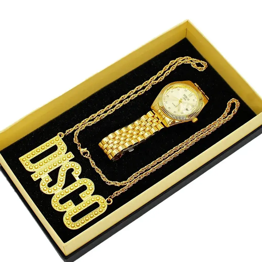 Golden Gold Plated Men's Watch with Necklace Set