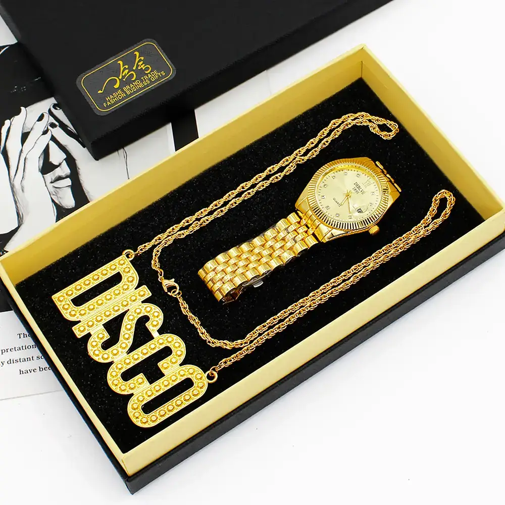Golden Gold Plated Men's Watch with Necklace Set — feature 2