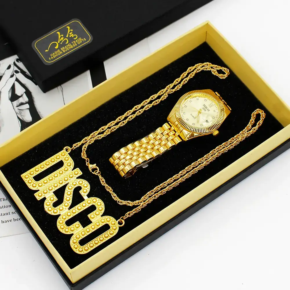 Golden Gold Plated Men's Watch with Necklace Set — feature 4