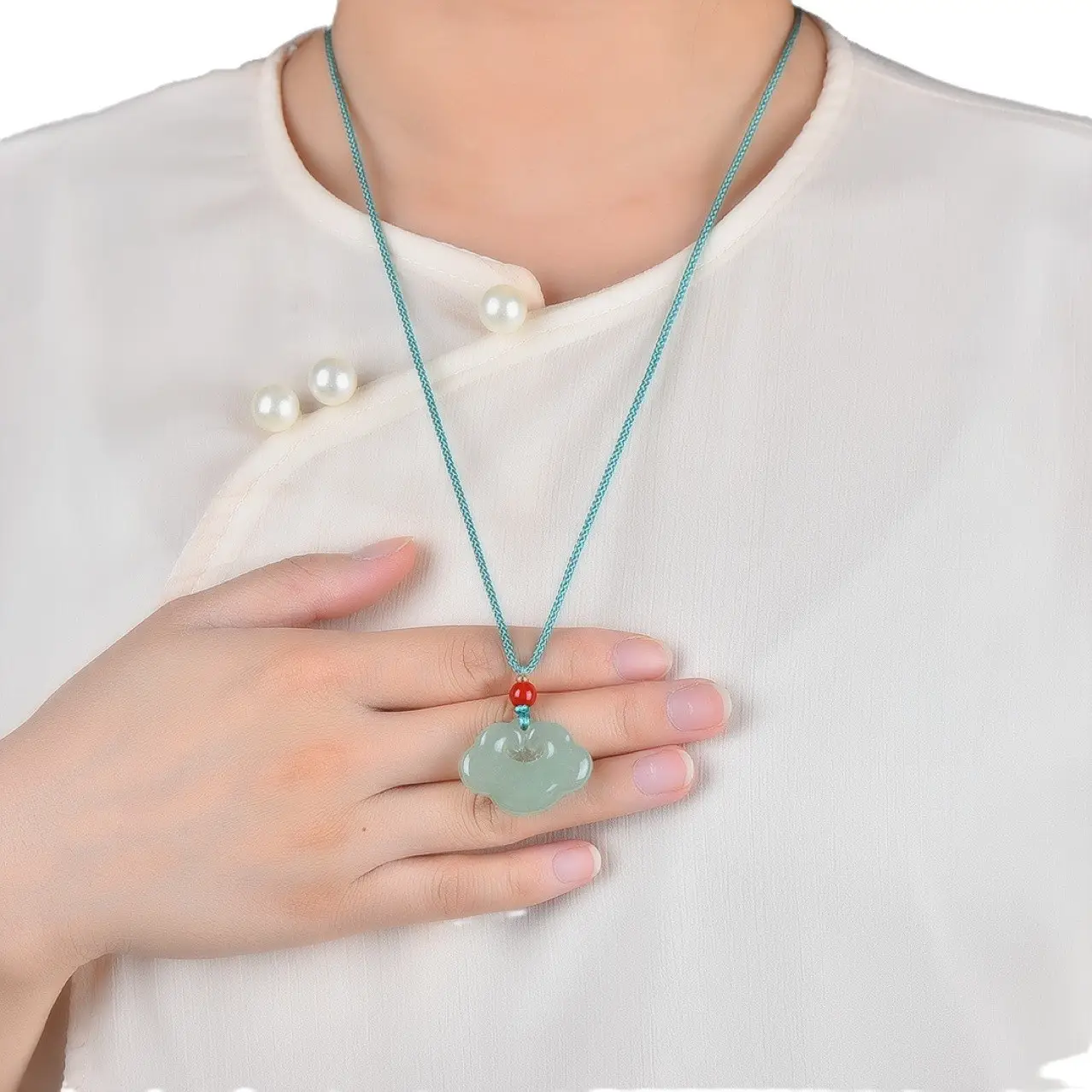 Jade Buddha Pendant with Red Pearl & Blue Bracelet - Image 5