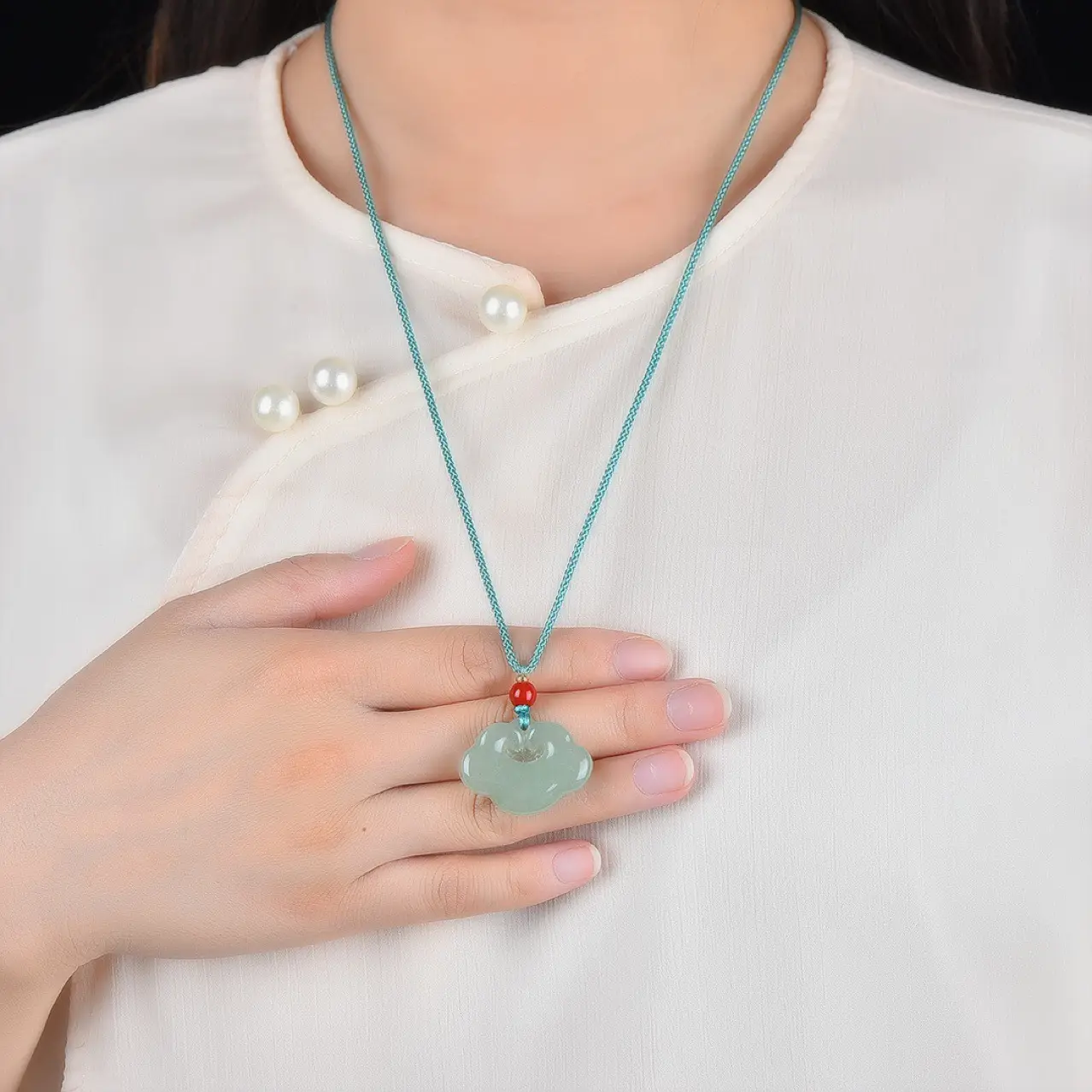 Jade Buddha Pendant with Red Pearl & Blue Bracelet — feature 5