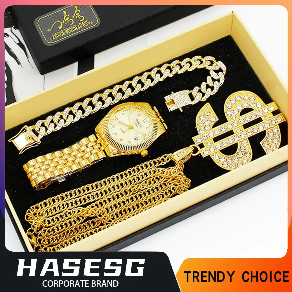 Gold Diamond Watch Set European American Diamond Bracelet Large Necklace Party Hip-Hop Stage Jewelry Set Wristwatch - Image 3