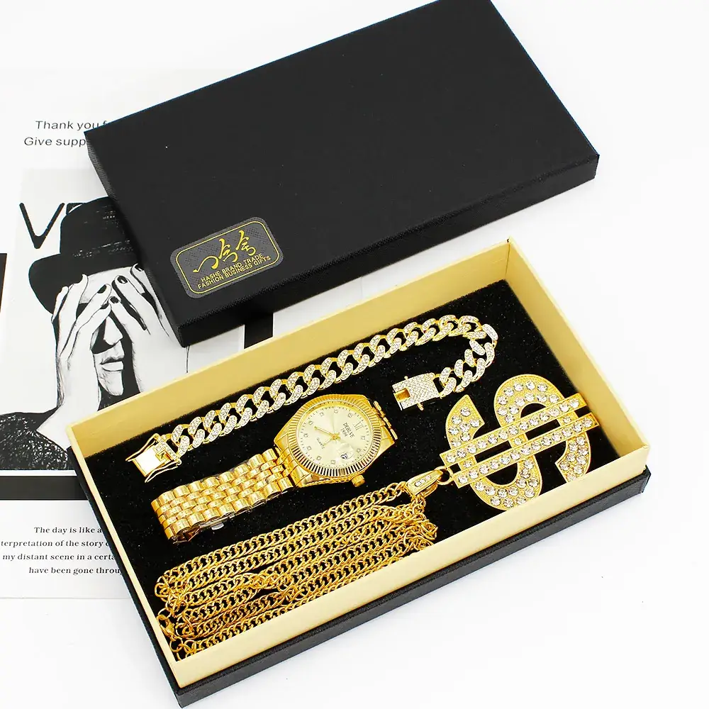 Gold Diamond Watch Set European American Diamond Bracelet Large Necklace Party Hip-Hop Stage Jewelry Set Wristwatch - Image 4