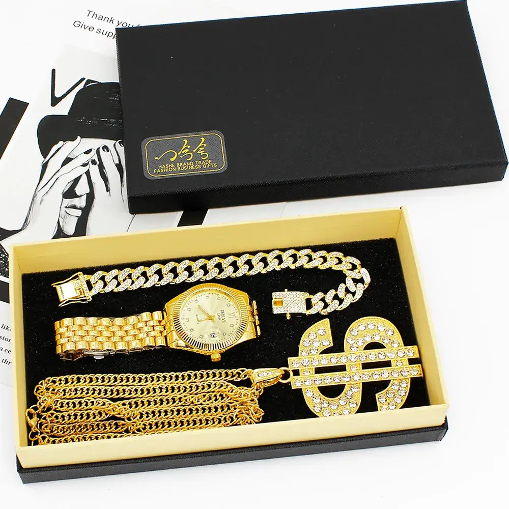 Gold Diamond Watch Set European American Diamond Bracelet Large Necklace Party Hip-Hop Stage Jewelry Set Wristwatch - Image 5