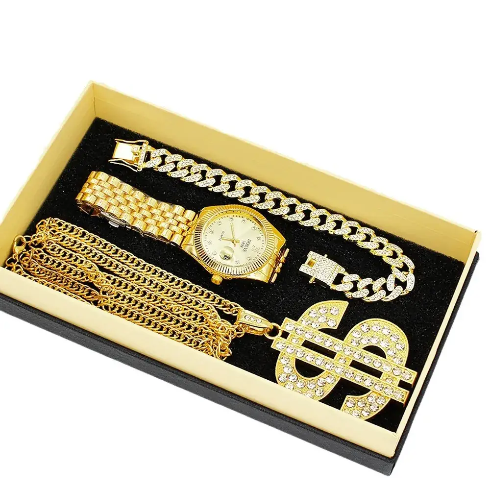 Gold Diamond Watch Set European American Diamond Bracelet Large Necklace Party Hip-Hop Stage Jewelry Set Wristwatch - Image 6