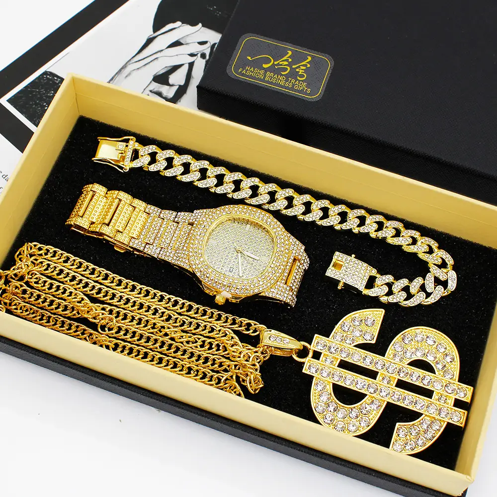 Gold Diamond Watch Set European American Diamond Bracelet Large Necklace Party Hip-Hop Stage Jewelry Set Wristwatch — feature 6
