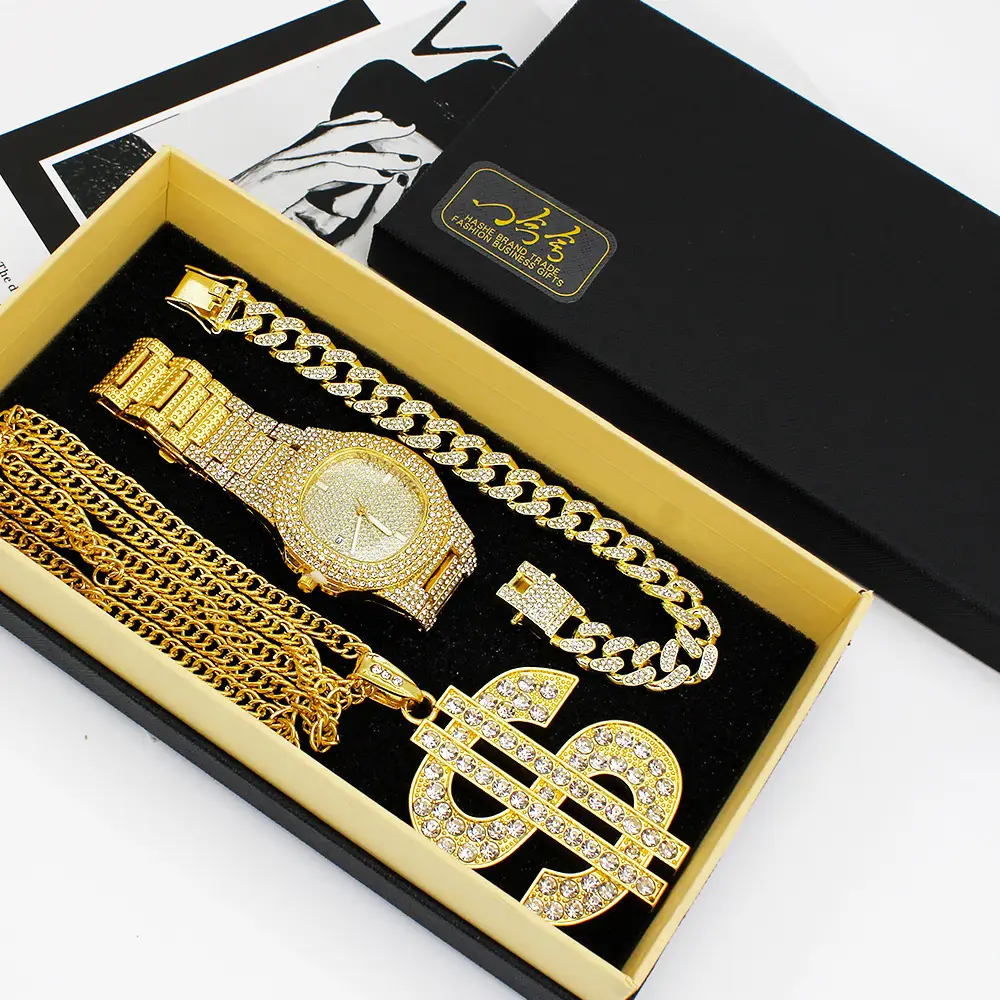 Gold Diamond Watch Set European American Diamond Bracelet Large Necklace Party Hip-Hop Stage Jewelry Set Wristwatch — feature 7