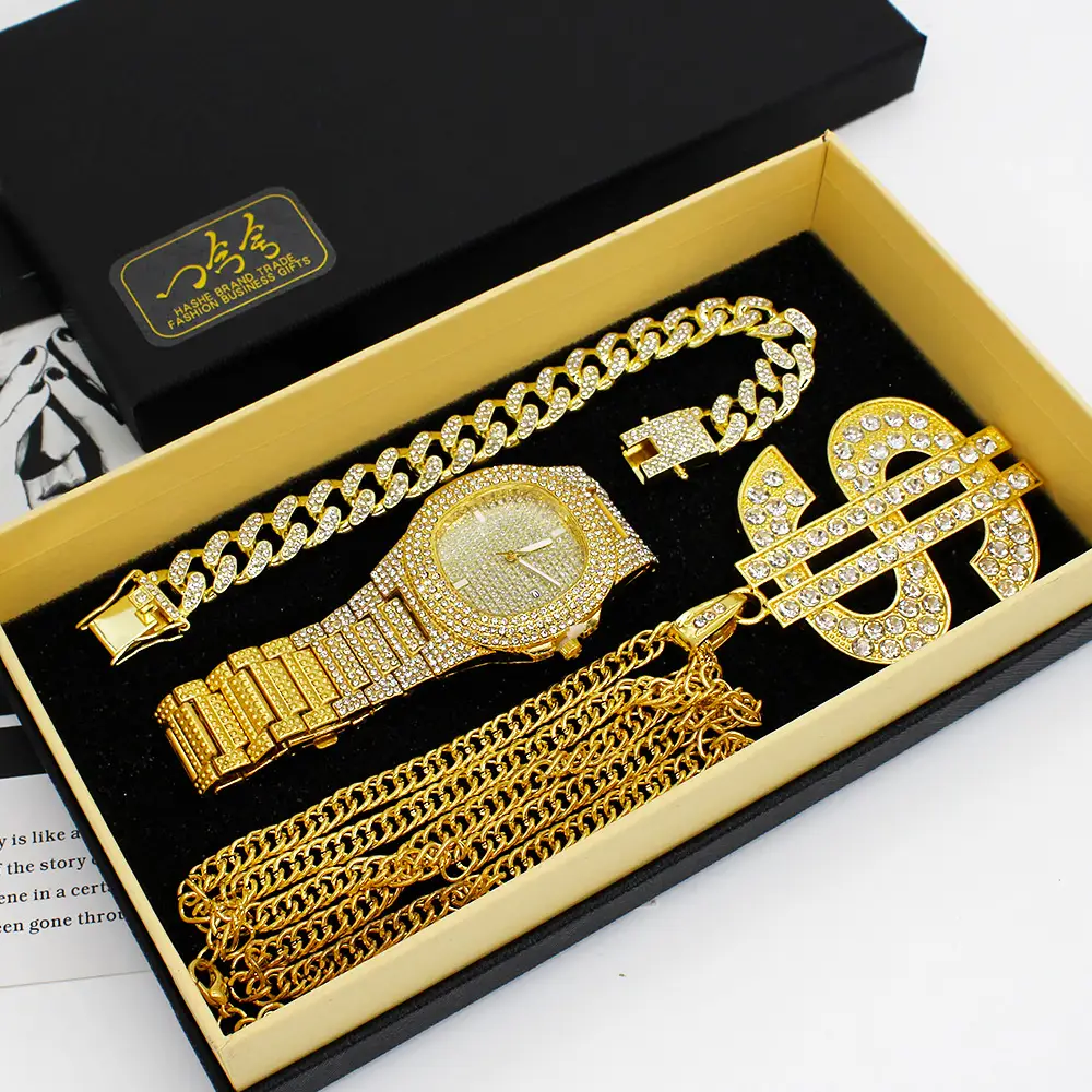 Gold Diamond Watch Set European American Diamond Bracelet Large Necklace Party Hip-Hop Stage Jewelry Set Wristwatch — feature 8