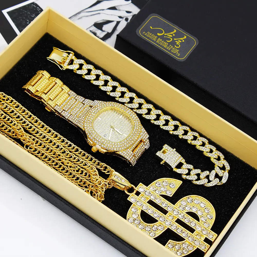 Gold Diamond Watch Set European American Diamond Bracelet Large Necklace Party Hip-Hop Stage Jewelry Set Wristwatch — feature 9