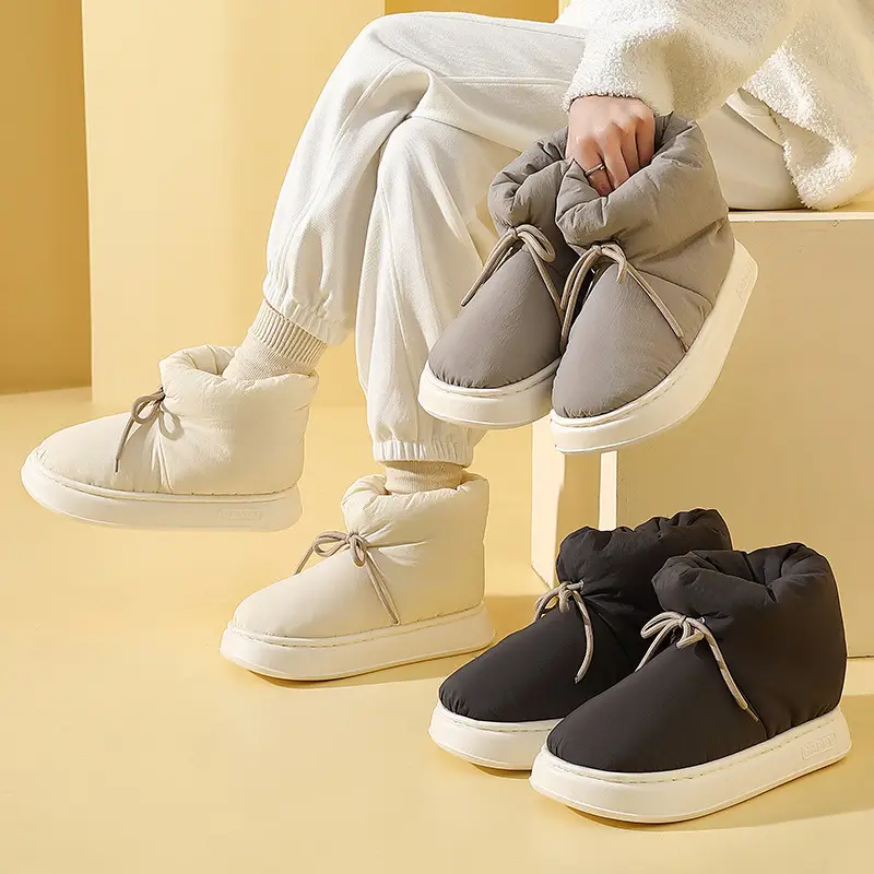 High-Top Cotton Shoes for Women in Winter with Elastic Straps, Thick Soles, Warm Fleece Lining, Waterproof and Anti-Slip Snow Boots, Home Cotton Slippers for Men in Winter