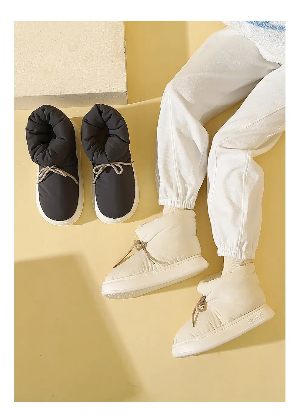 High-Top Cotton Shoes for Women in Winter with Elastic Straps, Thick Soles, Warm Fleece Lining, Waterproof and Anti-Slip Snow Boots, Home Cotton Slippers for Men in Winter — feature 14