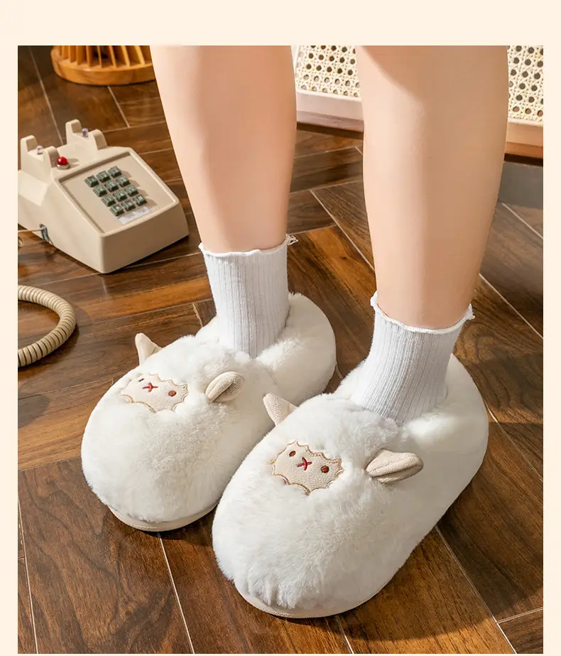 Cute little sheep plush cotton slippers women's winter home bag heel warm thickened cotton slippers fleece-lined in stock — feature 25
