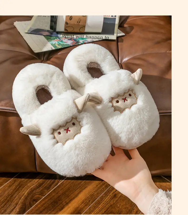 Cute little sheep plush cotton slippers women's winter home bag heel warm thickened cotton slippers fleece-lined in stock — feature 26