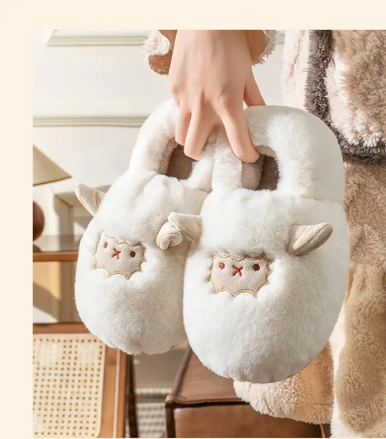 Cute little sheep plush cotton slippers women's winter home bag heel warm thickened cotton slippers fleece-lined in stock — feature 27