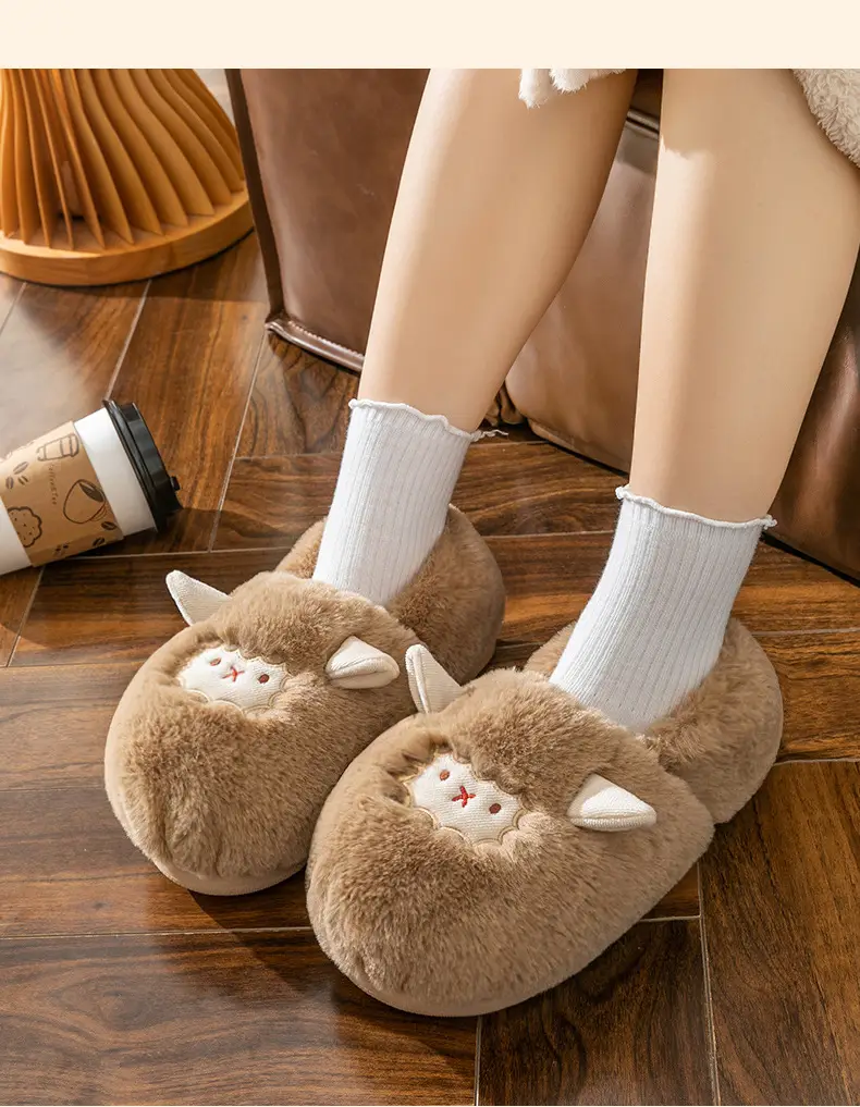 Cute little sheep plush cotton slippers women's winter home bag heel warm thickened cotton slippers fleece-lined in stock — feature 28