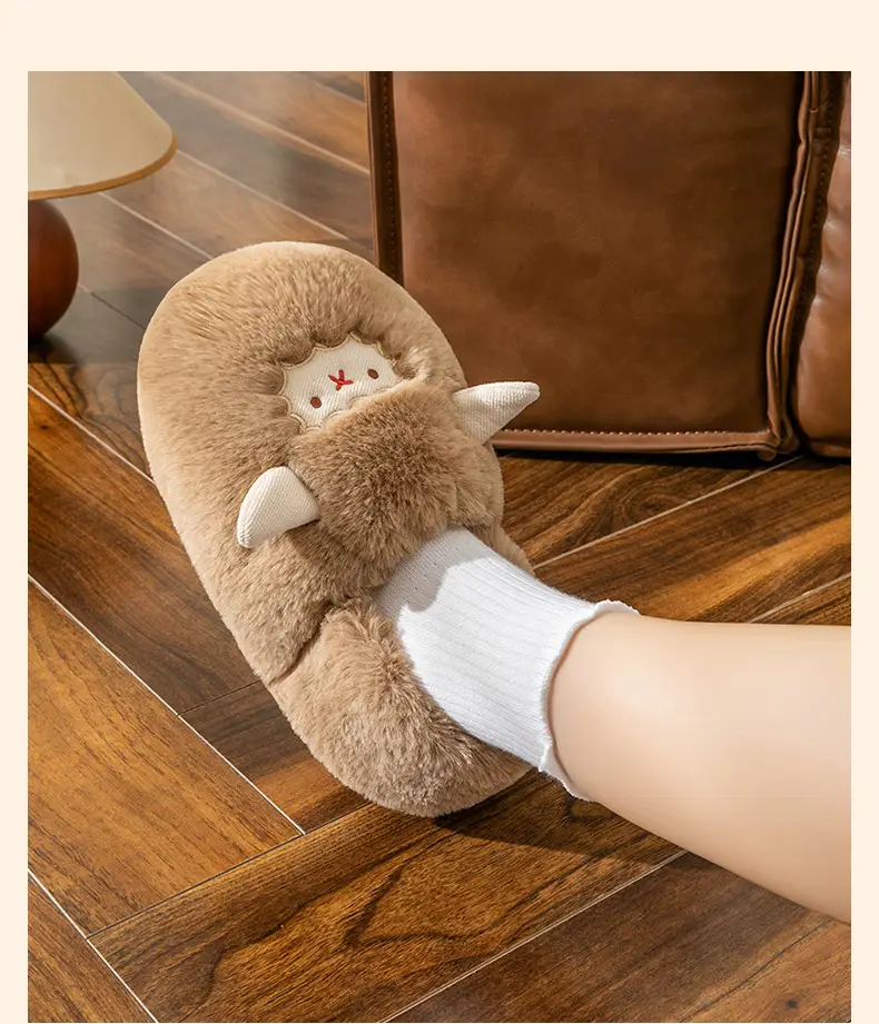 Cute little sheep plush cotton slippers women's winter home bag heel warm thickened cotton slippers fleece-lined in stock — feature 30