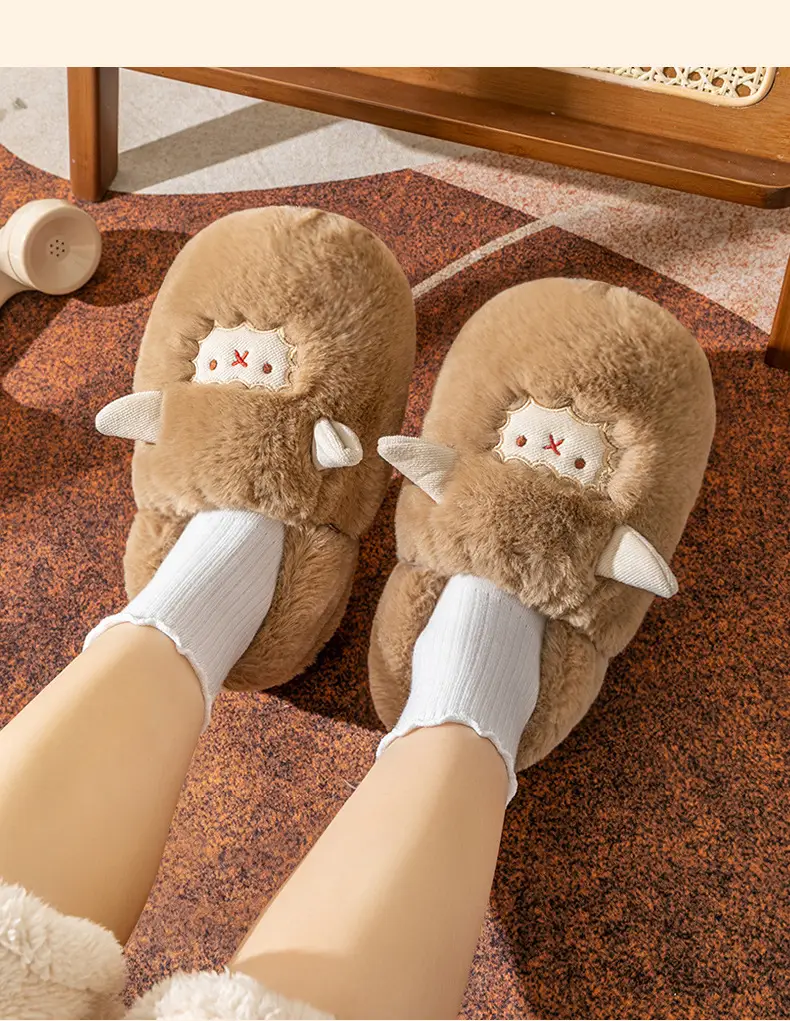 Cute little sheep plush cotton slippers women's winter home bag heel warm thickened cotton slippers fleece-lined in stock — feature 31