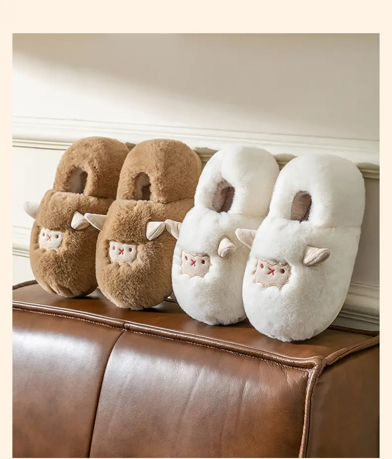 Cute little sheep plush cotton slippers women's winter home bag heel warm thickened cotton slippers fleece-lined in stock — feature 32