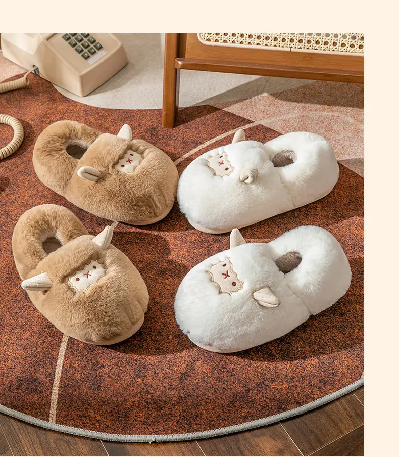 Cute little sheep plush cotton slippers women's winter home bag heel warm thickened cotton slippers fleece-lined in stock — feature 33