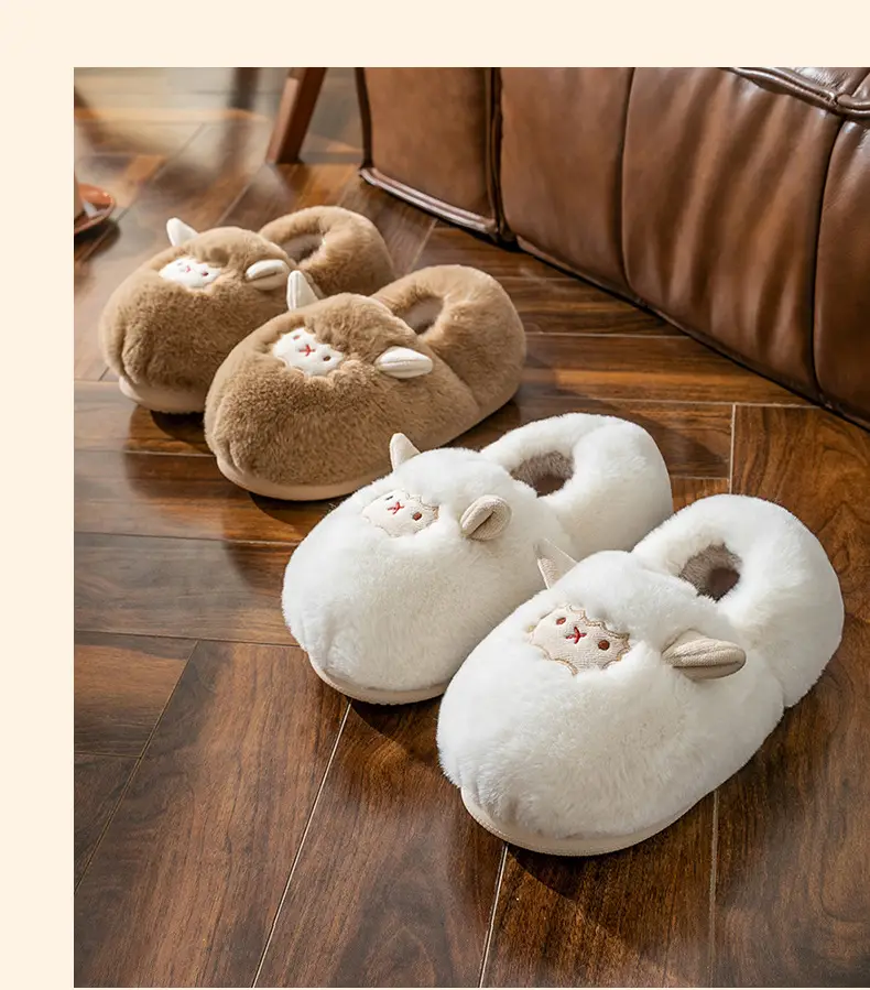 Cute little sheep plush cotton slippers women's winter home bag heel warm thickened cotton slippers fleece-lined in stock — feature 34
