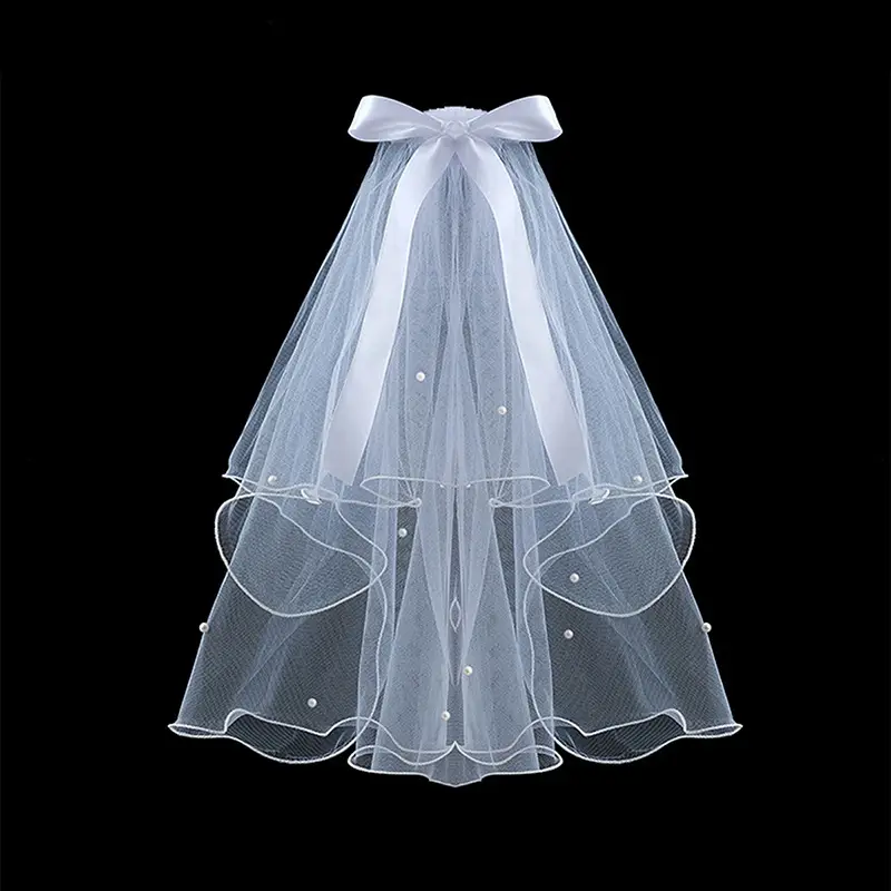 Double Layer Pearl Bow Veil Bridal Wedding Accessory - Image 2