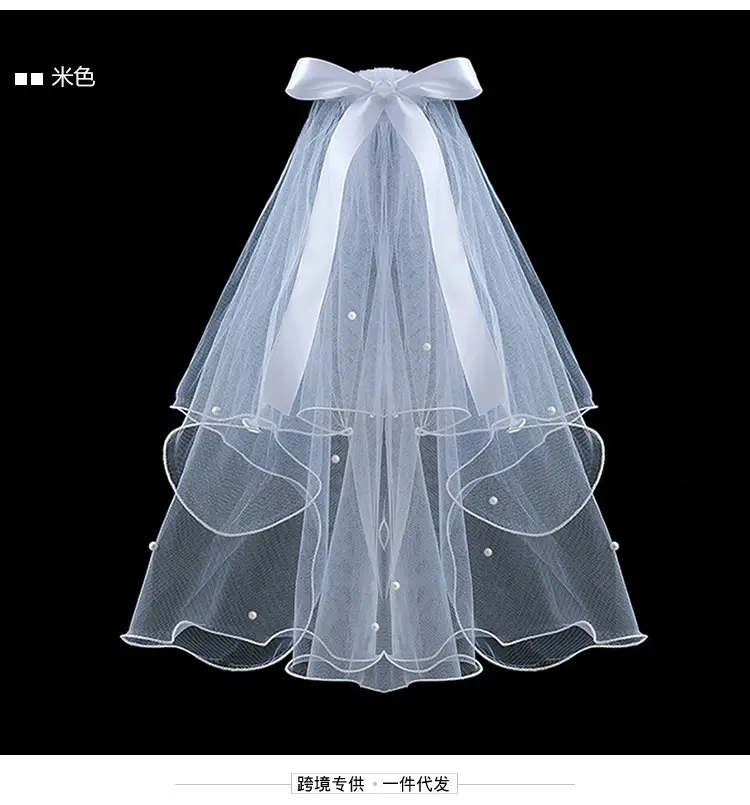 Double Layer Pearl Bow Veil Bridal Wedding Accessory — feature 7