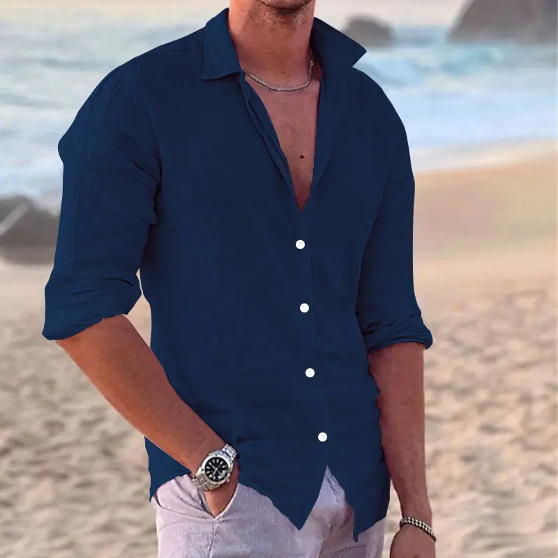 Men's Navy Blue Slim Fit Button Down Shirt - Image 3