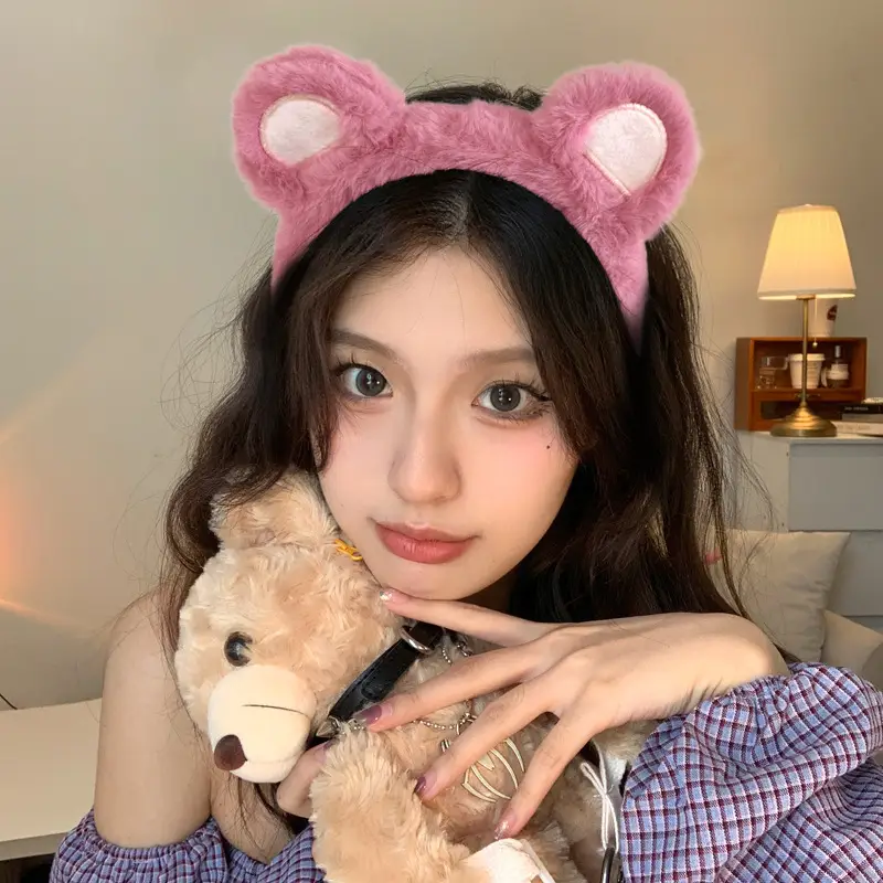 Plush Bear Ears Face Wash Headband Pink Winter 2022