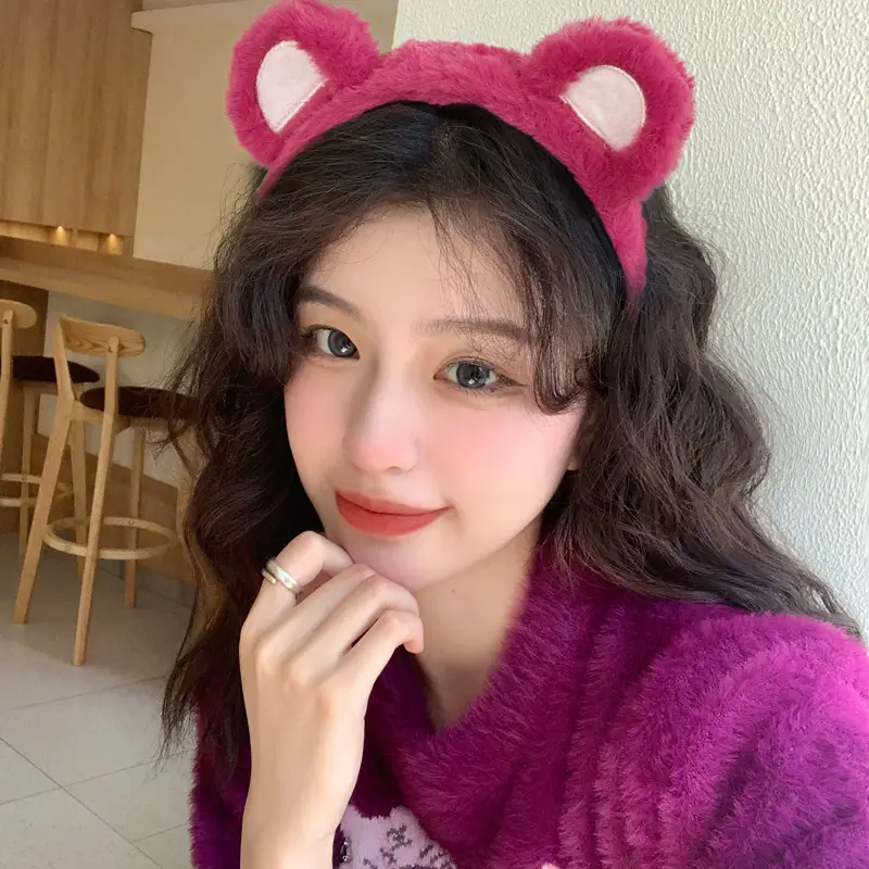 Plush Bear Ears Face Wash Headband Pink Winter 2022