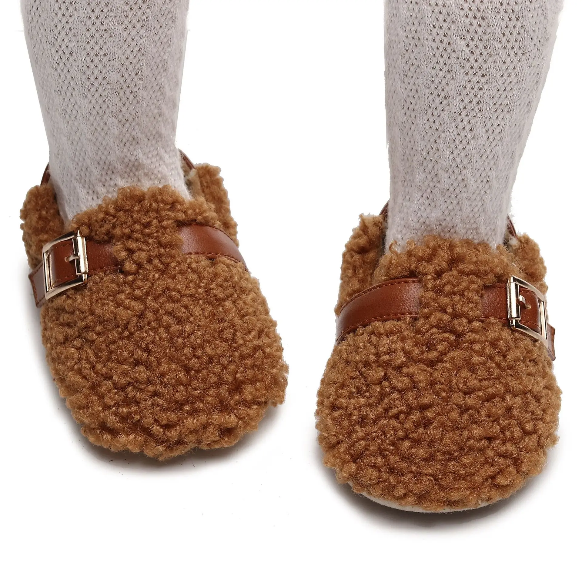 White Faux Fur Baby Slippers with Brown Strap