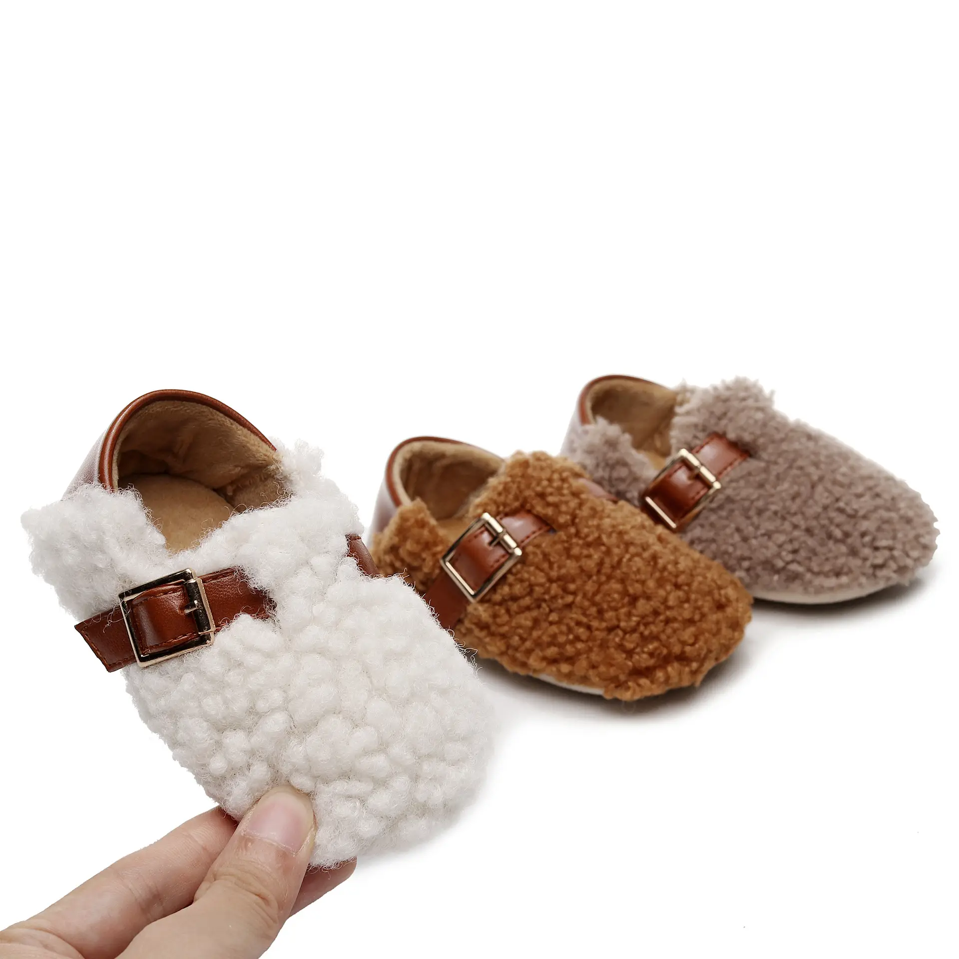 White Faux Fur Baby Slippers with Brown Strap — feature 1