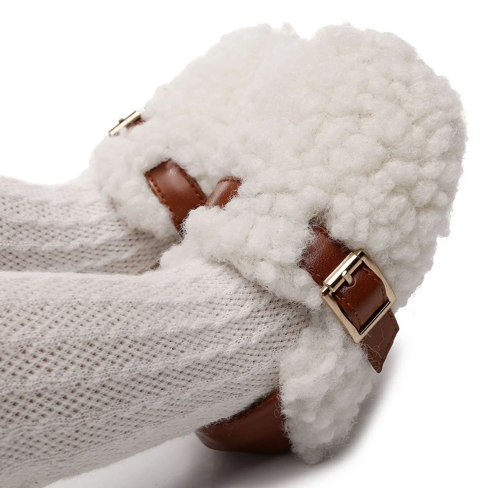 White Faux Fur Baby Slippers with Brown Strap — feature 10